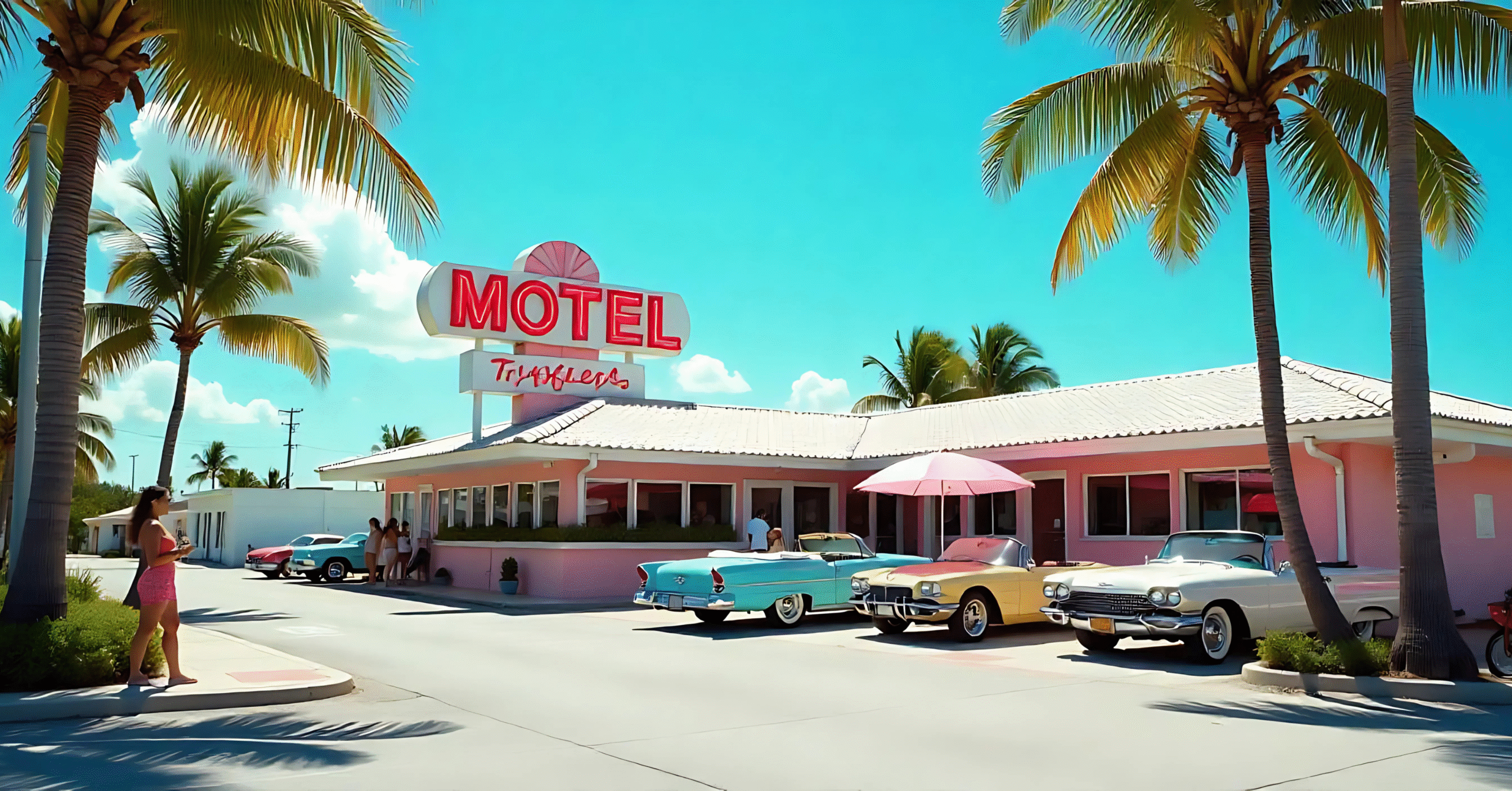 A vibrant travelers motels in Miami with palm trees, classic convertibles, and tourists in colorful beachwear enjoying the sunny spring break.
