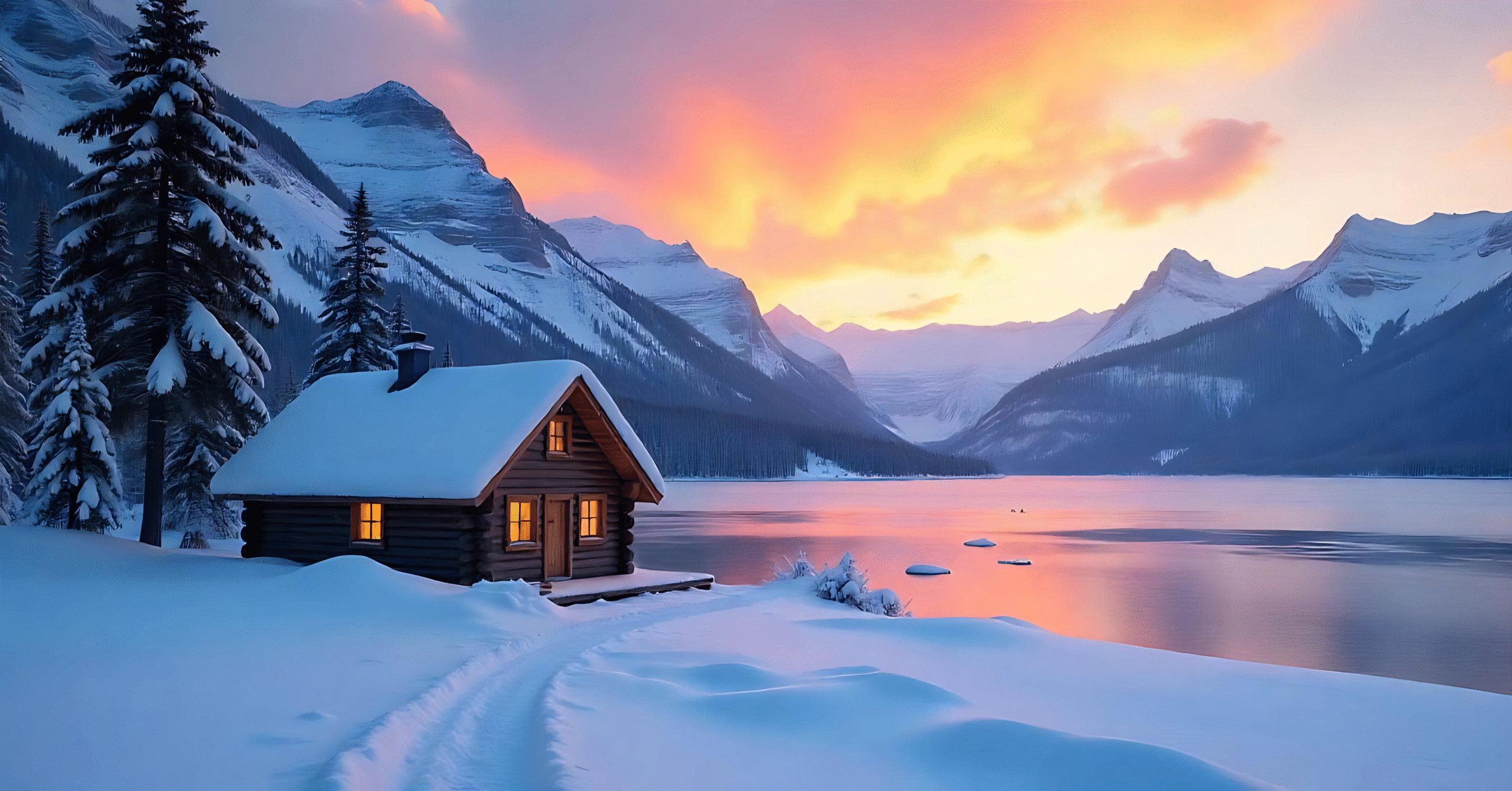 Cozy cabin in a snowy mountain landscape—one of the best places to travel in November for peaceful winter scenery.