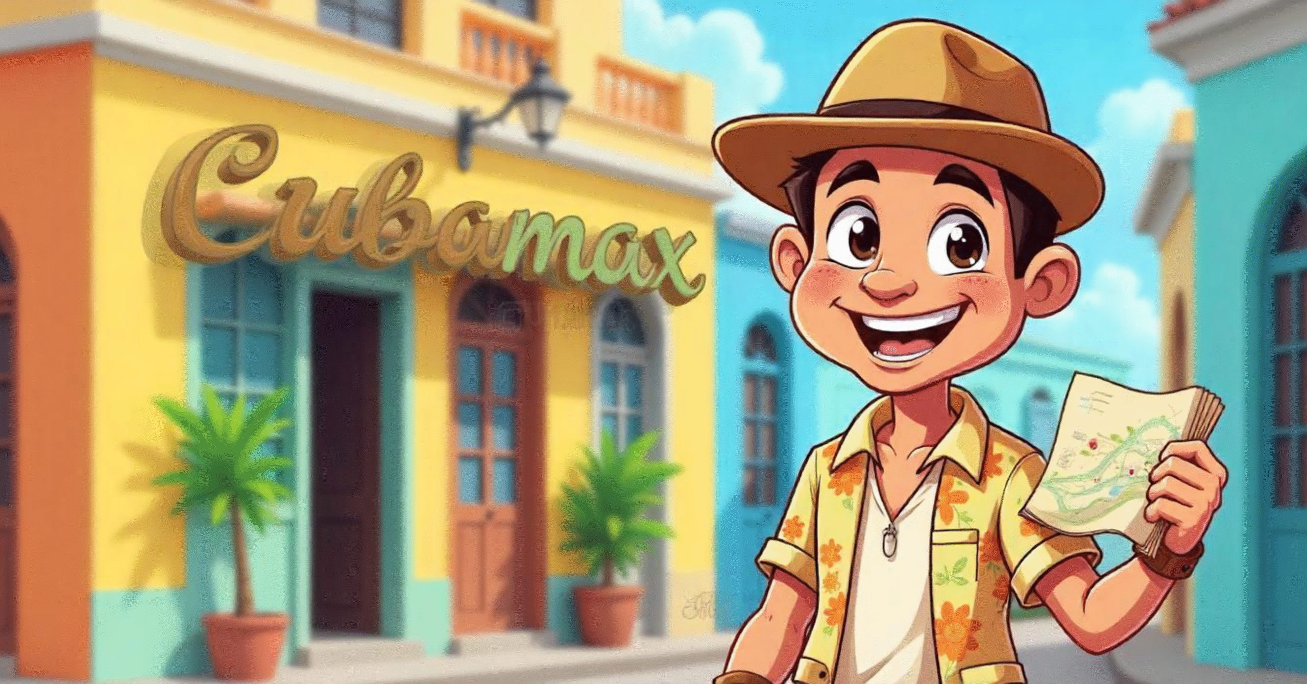 A cartoon guide in a guayabera shirt holds a map in front of a colorful building with the Cubamax Travel logo.