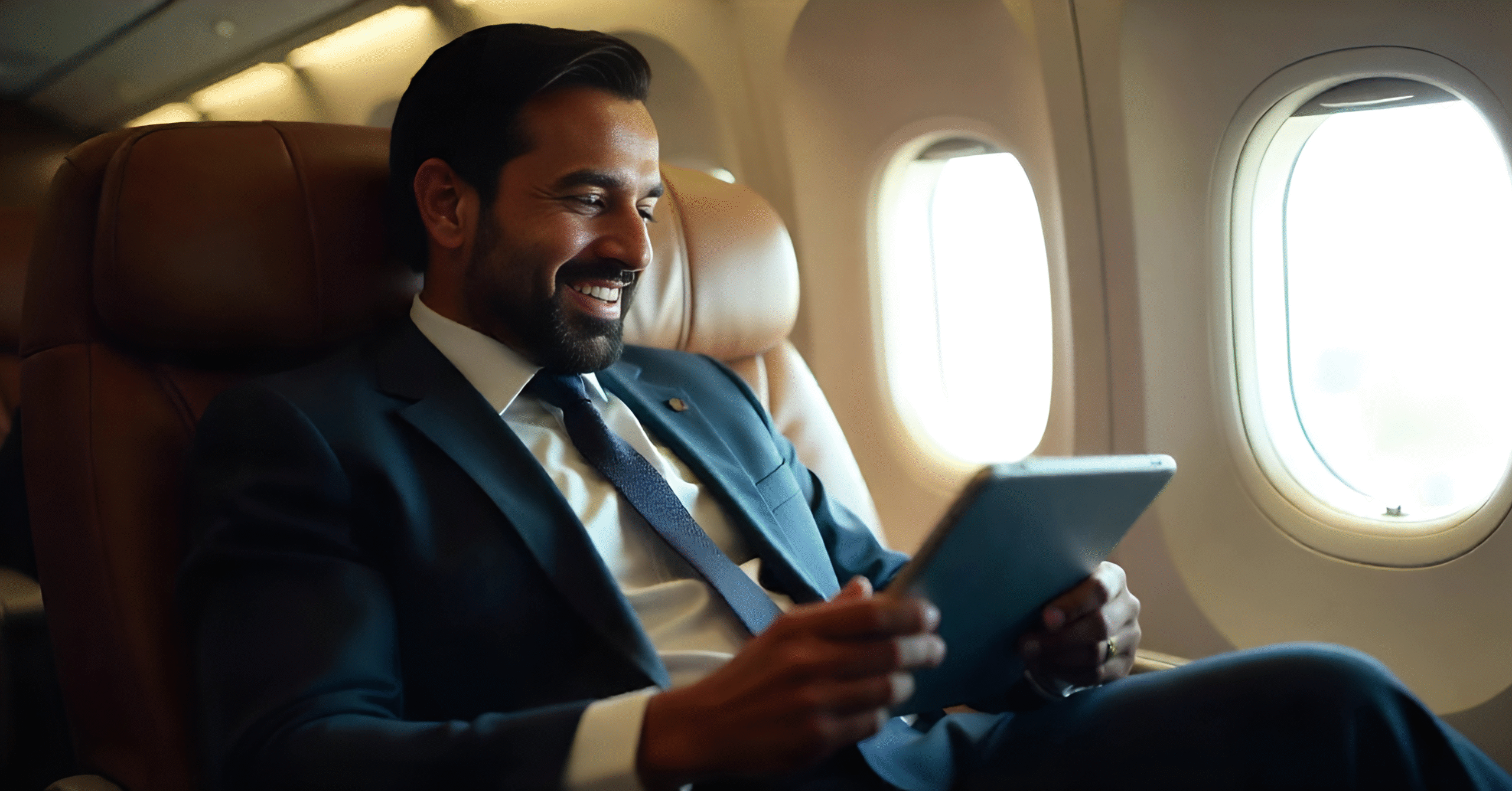 A smiling man in a business suit enjoying content on a tablet while seated on a plane, representing modern exploration linked to cursed-memes.com travel.