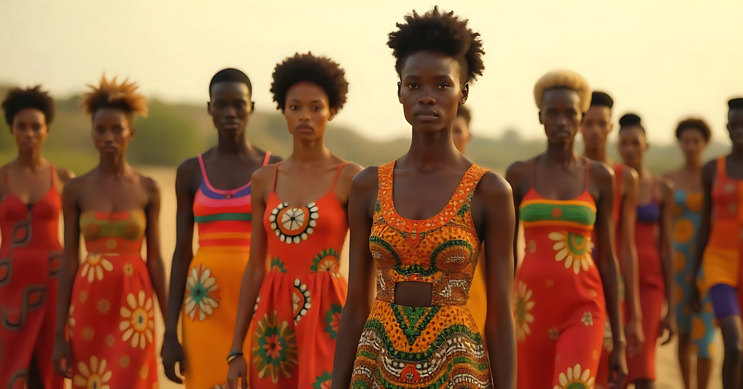 A group of Zambian women wearing modern Kitenge dresses with bold geometric patterns, showcasing the best fashion of Kitenge at an outdoor summer event.