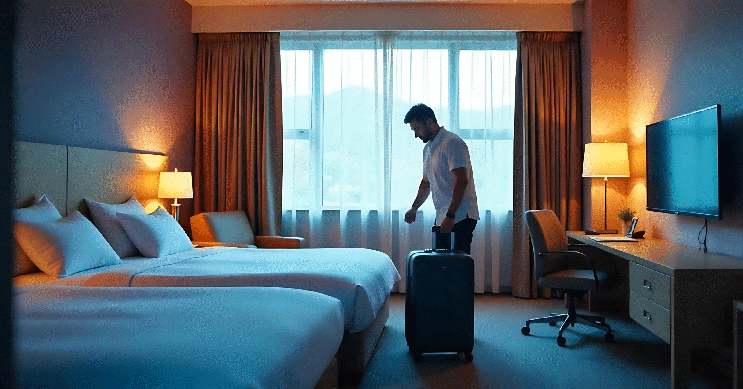 Asian man holding a suitcase in a hotel room with two beds, showcasing hotels travel tweaks for a comfortable stay.