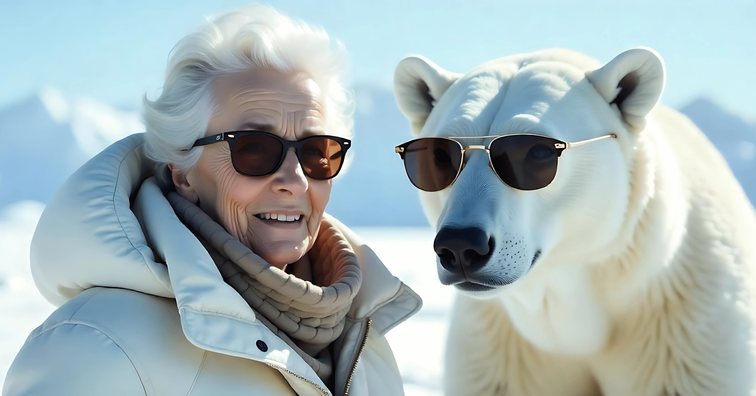 The traveler hired the wrong tour guide—an elderly woman stands beside a polar bear in sunglasses during a snowy Arctic tour.