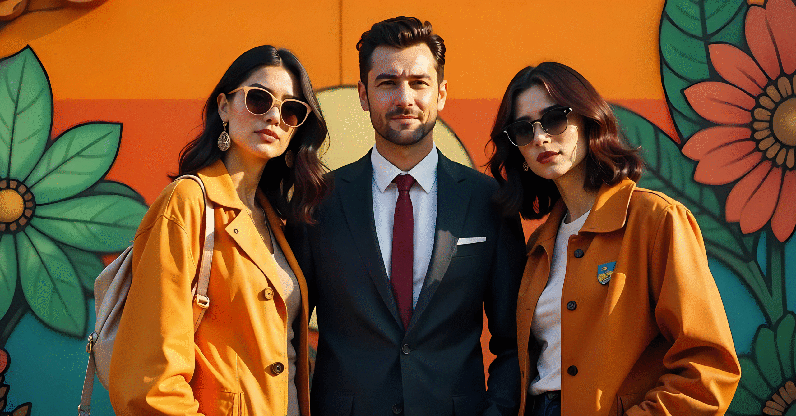 Three stylish individuals posing in front of a colorful mural, representing modern trends featured on Webfreen.com fashion.